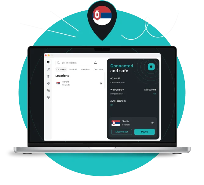 Laptop displaying a VPN app connected to Serbia, with a location pin above