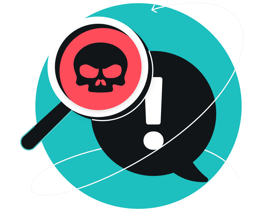 Magnifying glass positioned over a skull in front of a speech bubble with an exclamation mark
