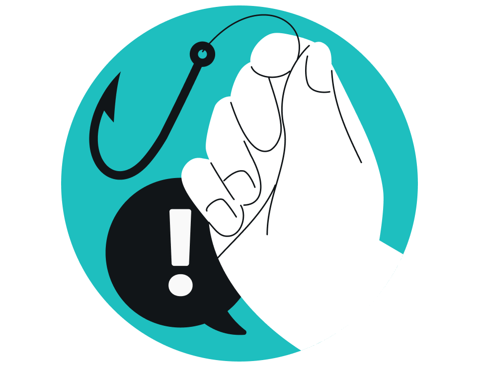 Hand holding a fishing hook in front of a speech bubble with exclamation mark inside