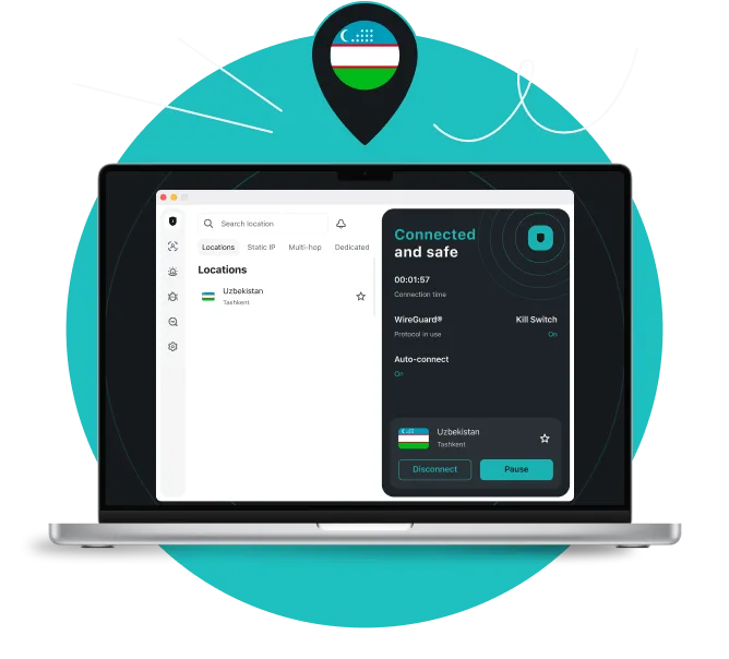 Laptop screen showing Surfshark VPN connected to a Tashkent server, with a location pin above displaying the Uzbekistani flag.
