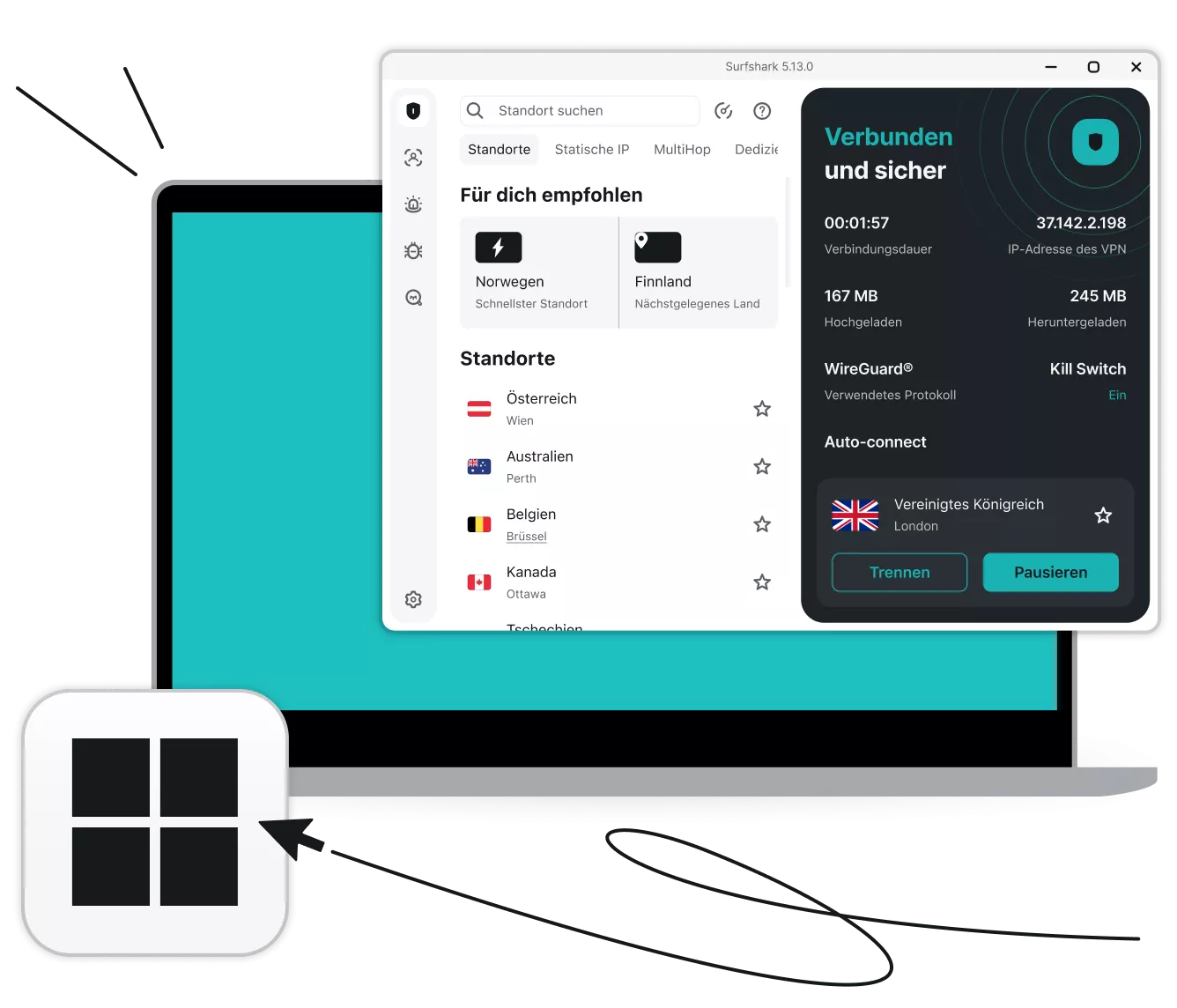 Laptop, der die Surfshark VPN-App zeigt, verbunden mit einem britischen Server in London, neben dem Windows-Logo und einem Mauszeiger.