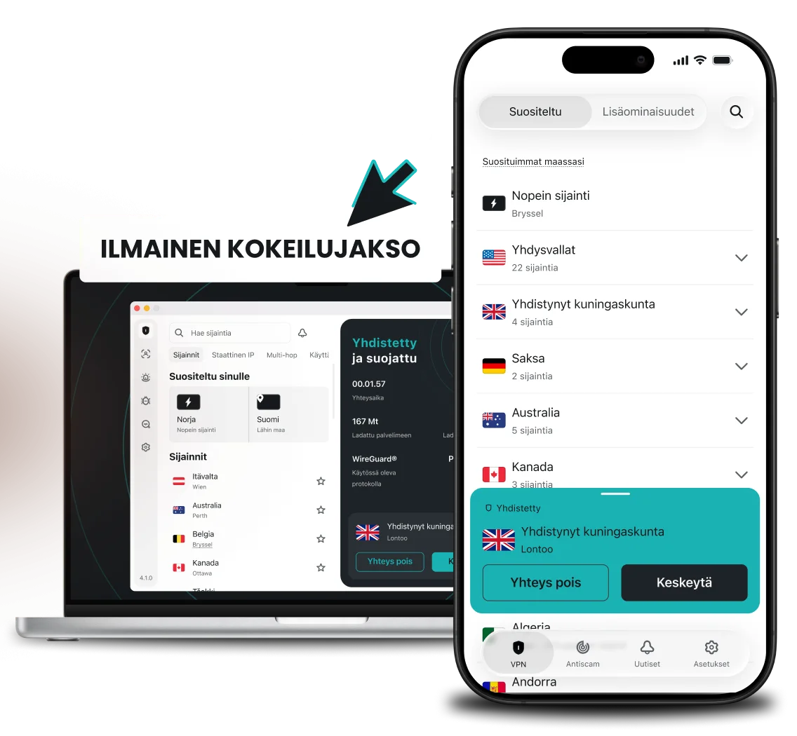 Kannettava tietokone ja älypuhelin Free Trial -bannerissa, kumpikin laite näyttää Surfshark-sovelluksen sijaintien luettelon.