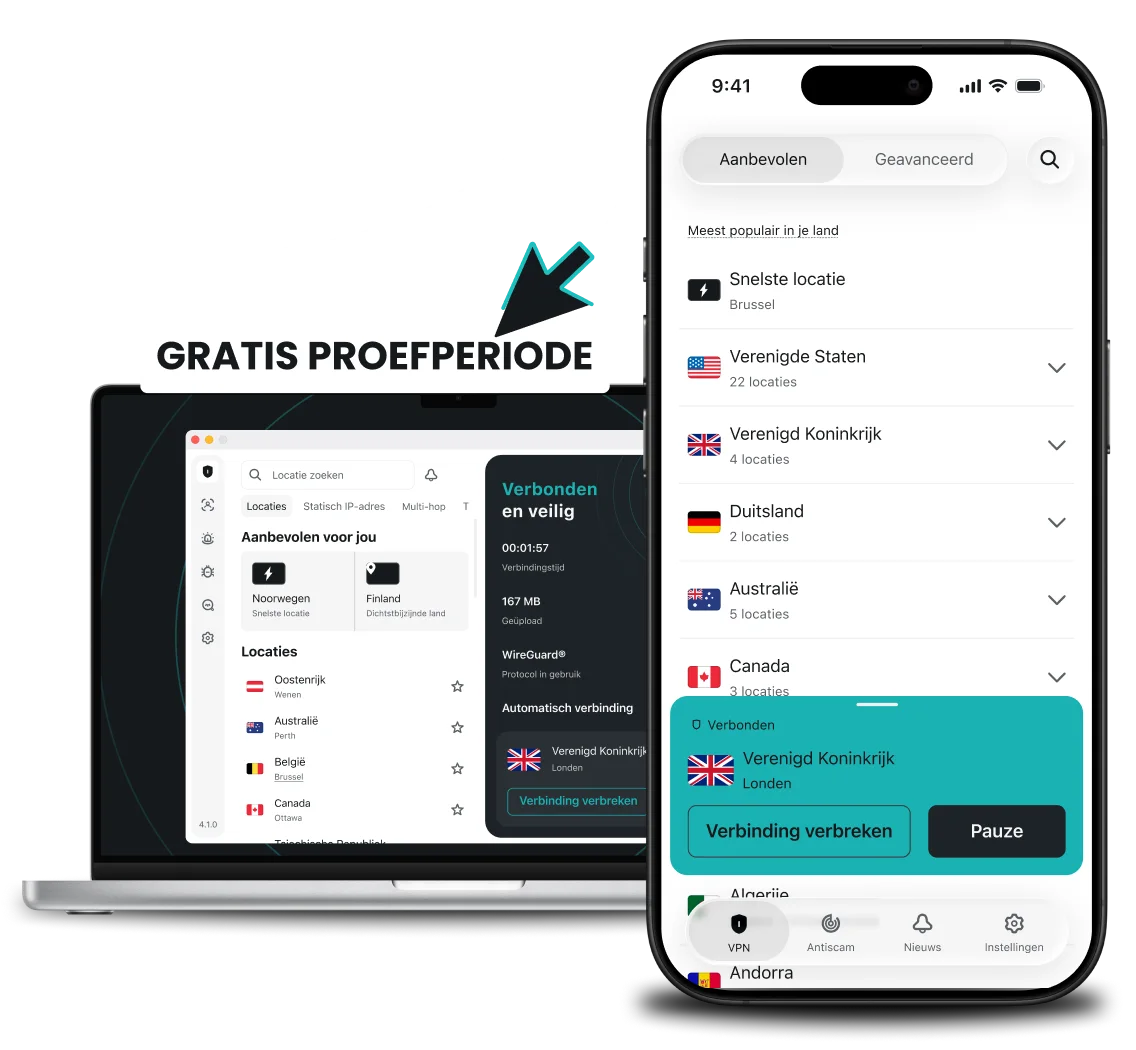 Een laptop en een smartphone flankeren een banner voor een gratis proefperiode, waarbij elk apparaat een lijst van locaties toont in de Surfshark-app.