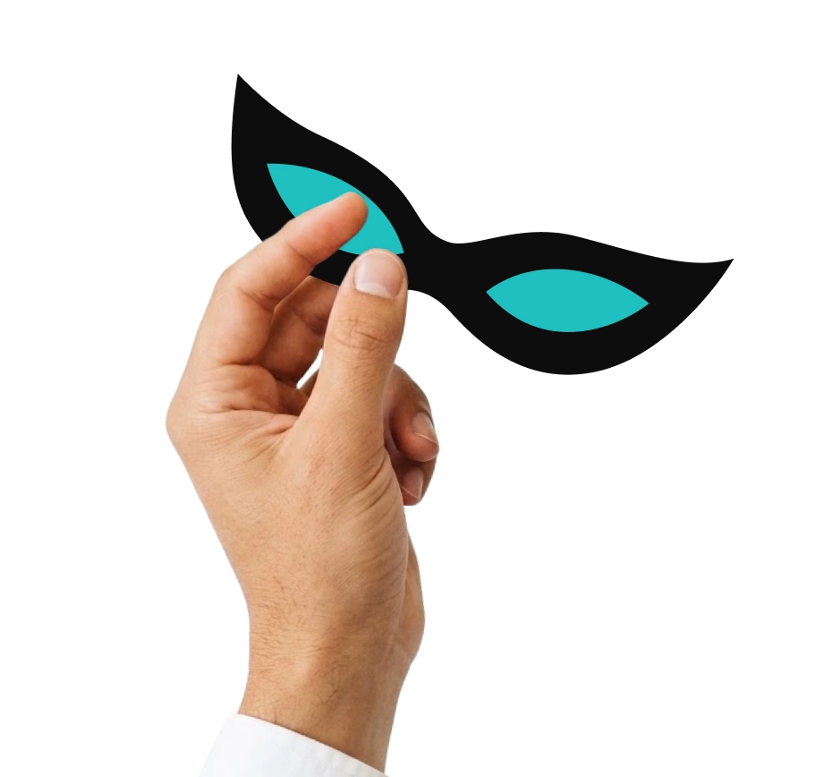 A hand holding a black and teal eye mask.