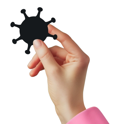 Hand pinching a black virus-shaped icon with a white looped line in the background.