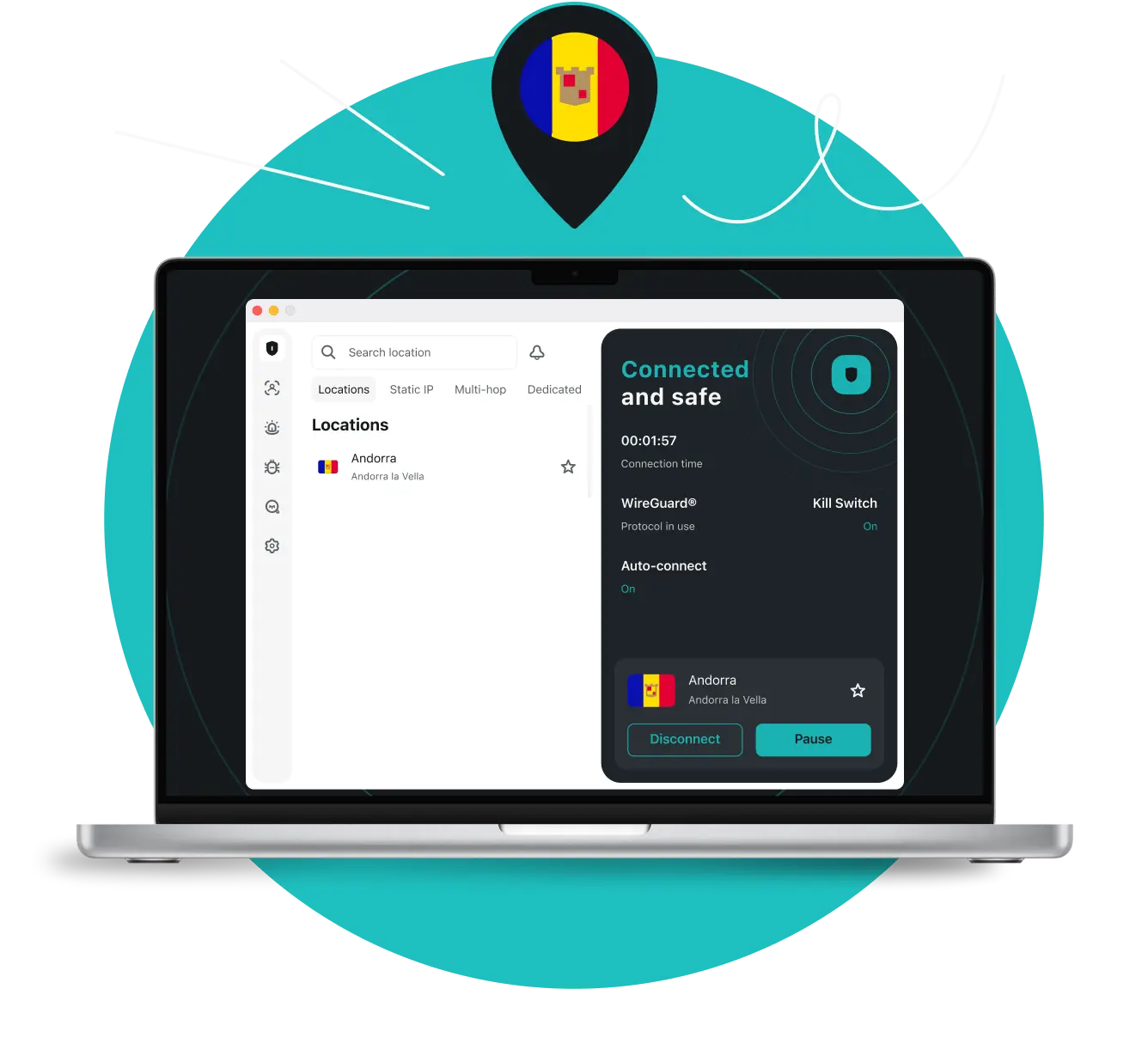 Laptop screen showing Surfshark VPN connected to a Andorra la Vella server, with a location pin above displaying the Andorran flag.