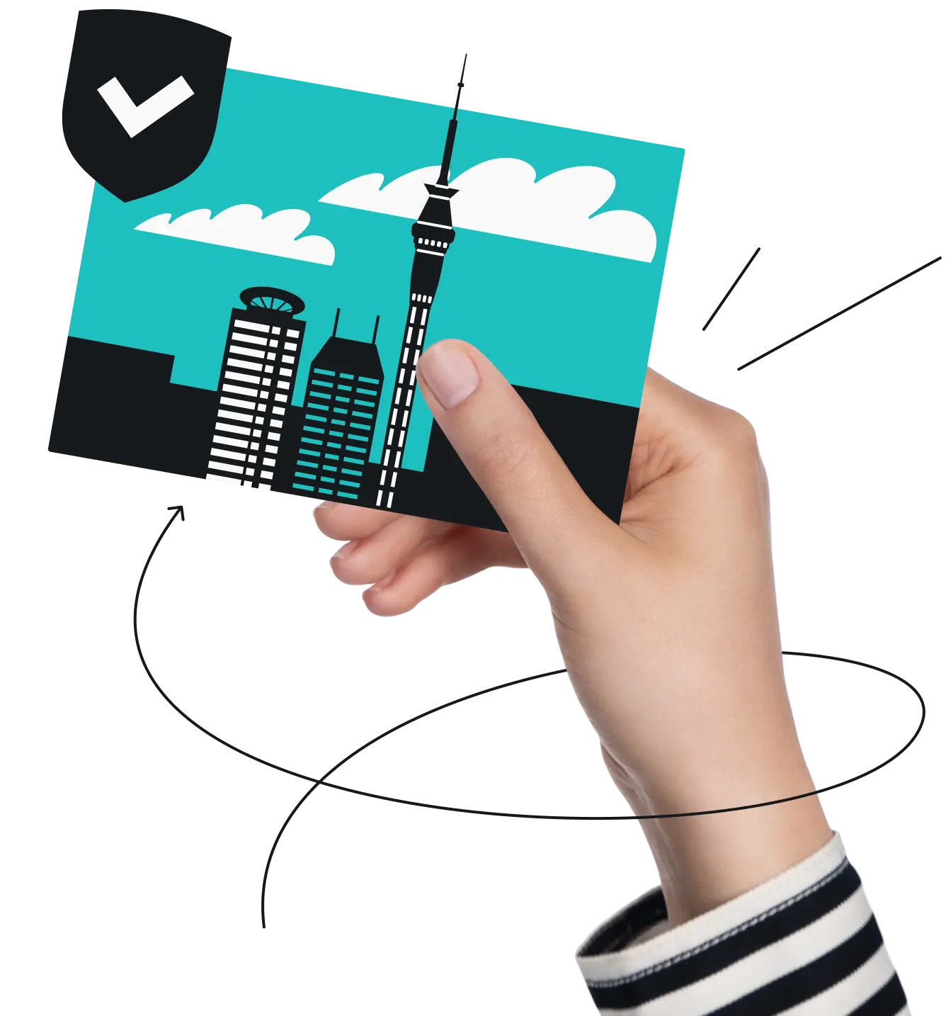 A hand holds a turquoise postcard featuring the skyline of Auckland, with a checkmark badge in the corner.