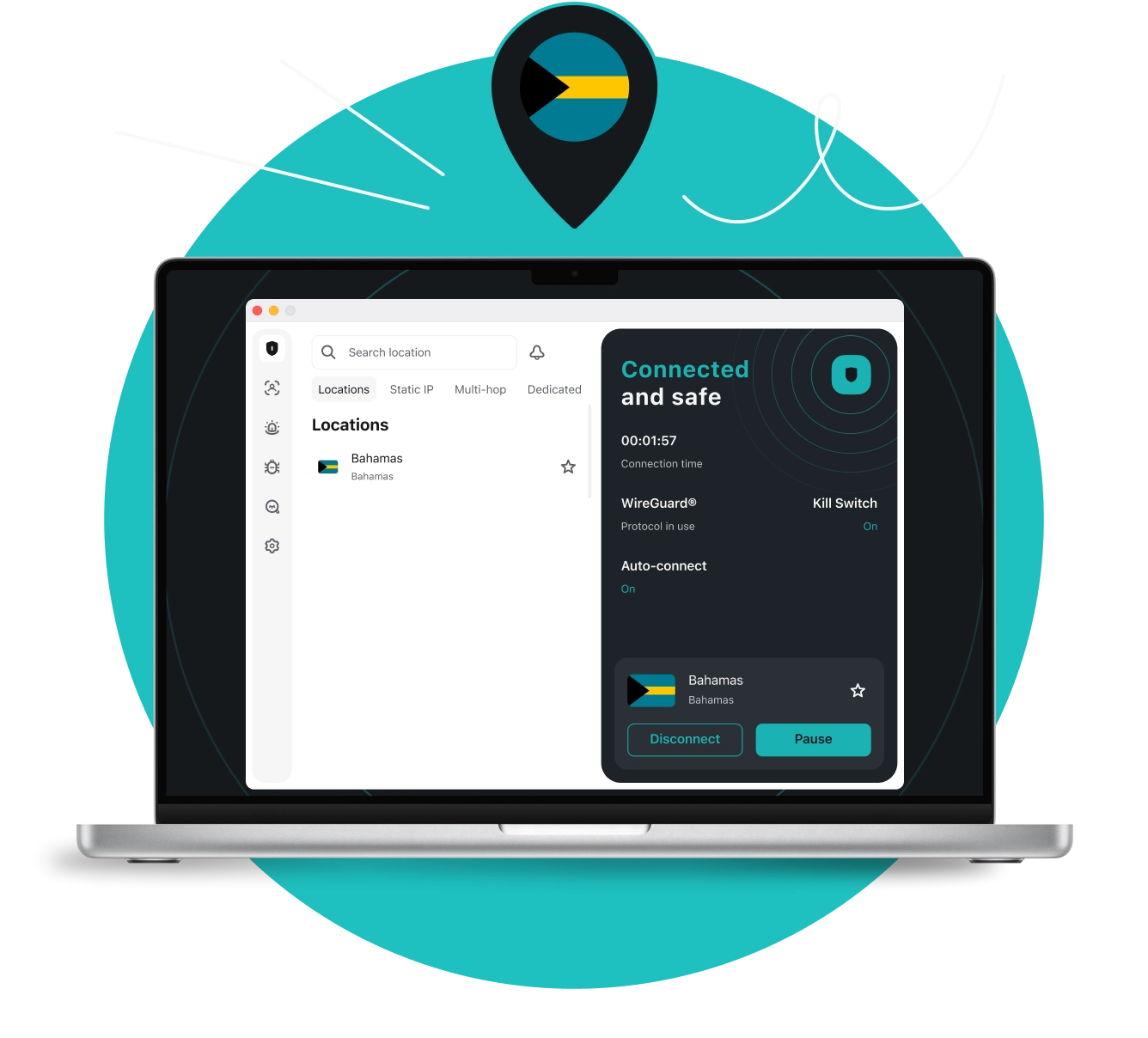 Laptop, auf dem eine mit den Bahamas verbundene VPN-App angezeigt wird, mit einem Standort-Pin darüber