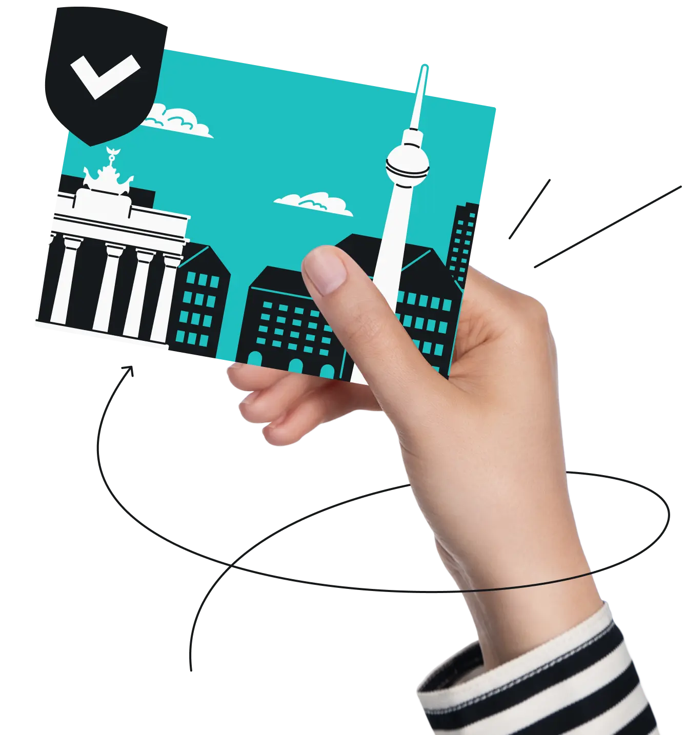 Eine Hand hält eine Postkarte, die Berliner Wahrzeichen einschließlich des Brandenburger Tors und des Fernsehturms mit einem Häkchen-Schild-Symbol darstellt.