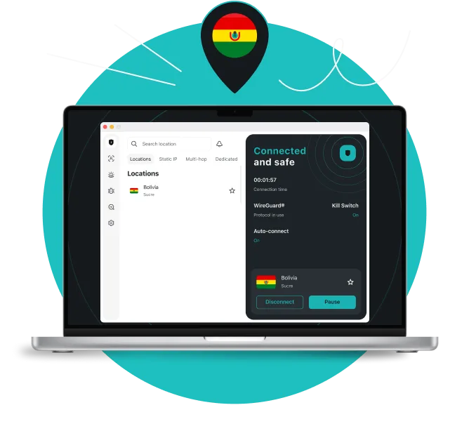 Laptop displaying a VPN app connected to Bolivia, with a location pin above