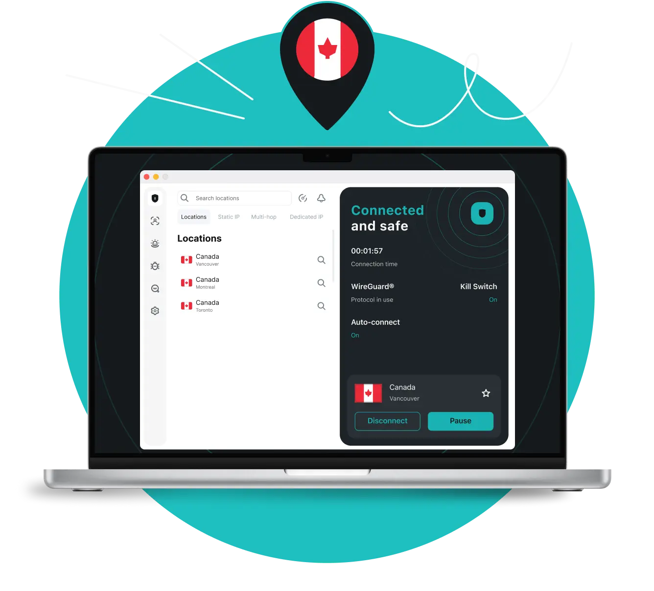Ekran laptopa z interfejsem aplikacji Surfshark VPN pokazującym kanadyjskie serwery pod pinezką lokalizacji z kanadyjską flagą.