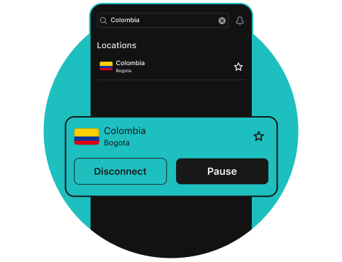 Surfshark VPN mobile app interface showing a location search for Colombia and Disconnect and Pause buttons