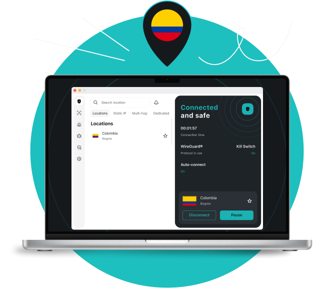 Laptop displaying a VPN app connected to Bogota, with a location pin above