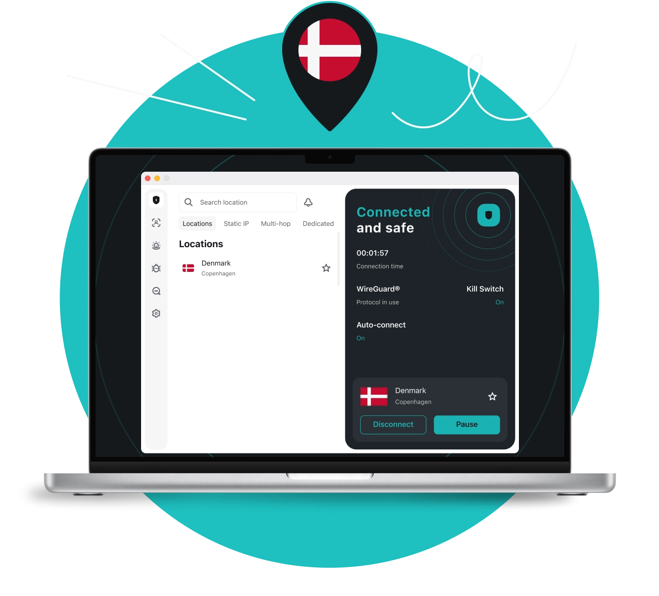 Laptop displaying a VPN app connected to Copenhagen, with a location pin above