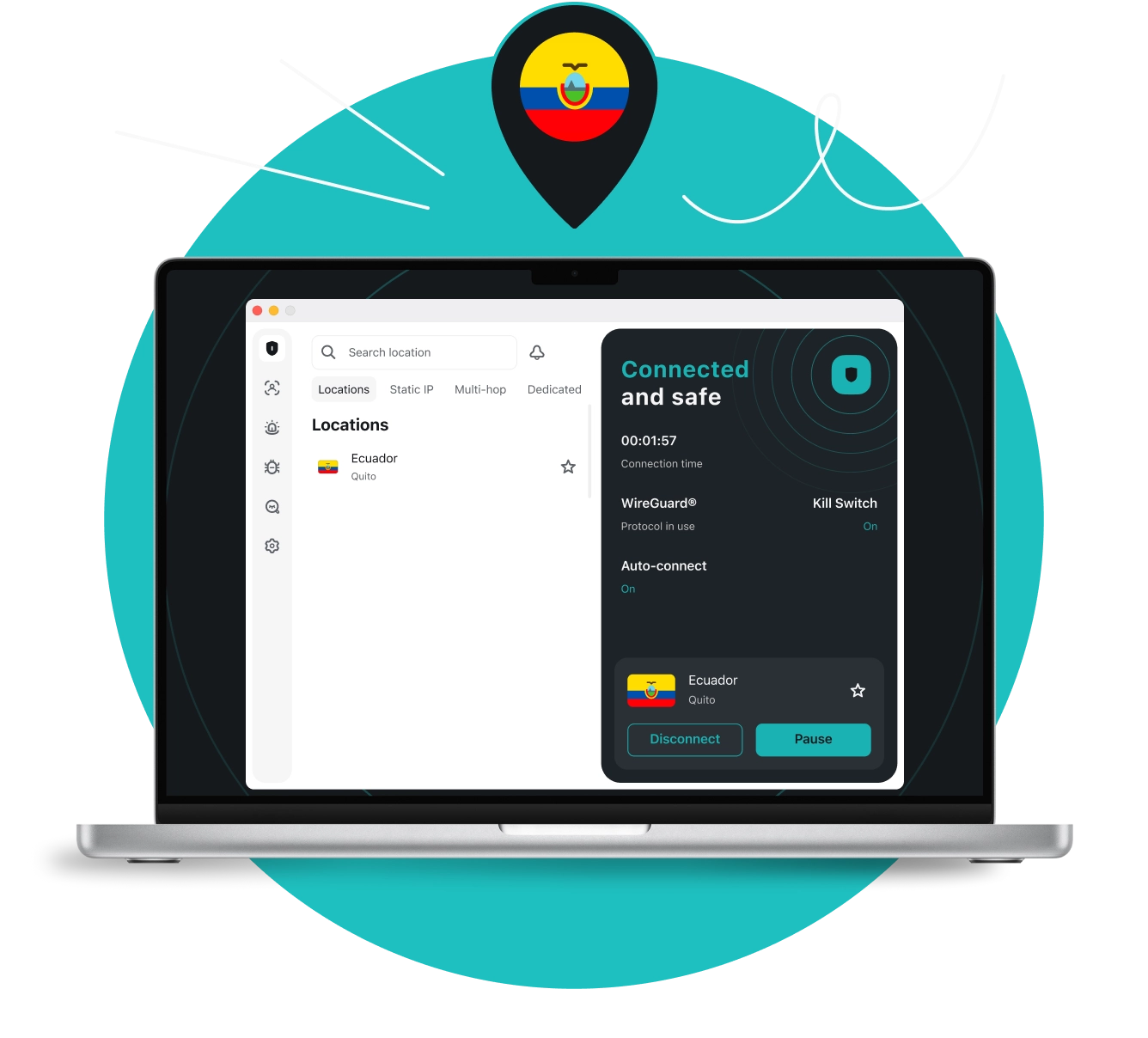 Laptop displaying a VPN app connected to Quito, with a location pin above