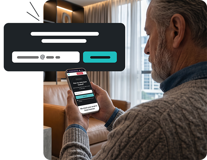 Older man using a smartphone with a login form overlay in a living room.