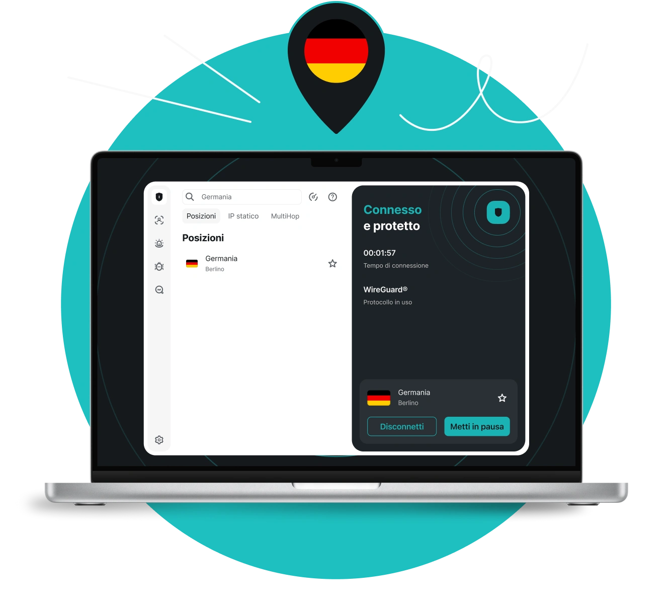 Un computer portatile che mostra l'applicazione Surfshark connessa a un server a Berlino, sormontato da uno spillo di localizzazione con la bandiera tedesca.