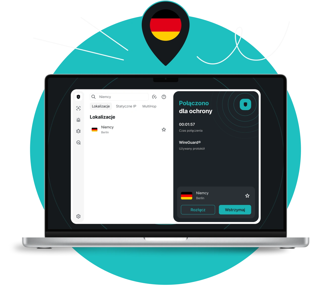 Laptop wyświetlający aplikację Surfshark połączoną z serwerem w Berlinie, zwieńczony pinezką lokalizacji z niemiecką flagą.