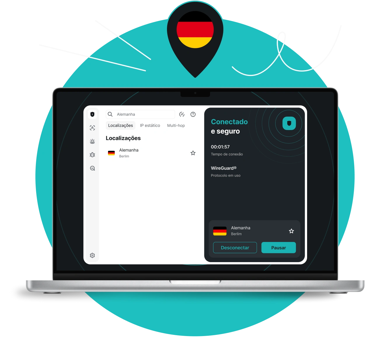 Um computador portátil exibindo a aplicação Surfshark conectada a um servidor em Berlim, encimado por um alfinete de localização com a bandeira alemã.