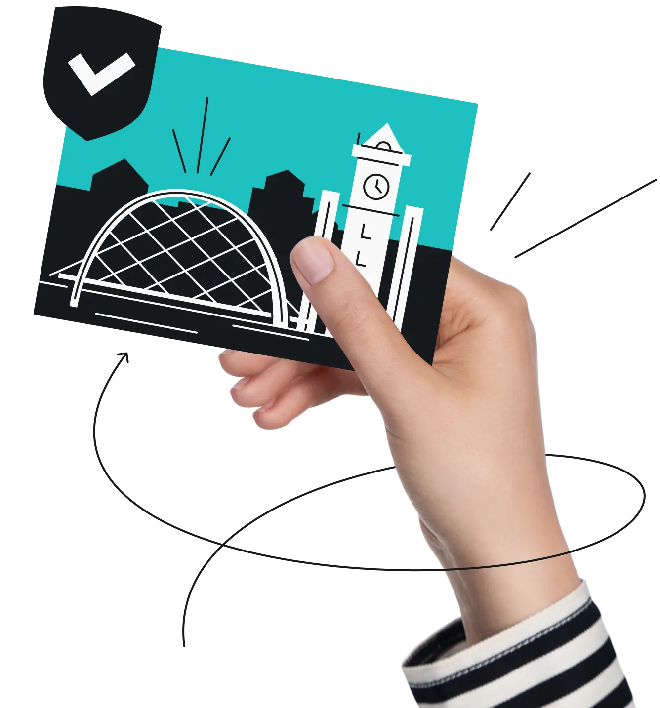 A hand holds a turquoise postcard featuring the Glasgow skyline, with a checkmark badge in the corner.