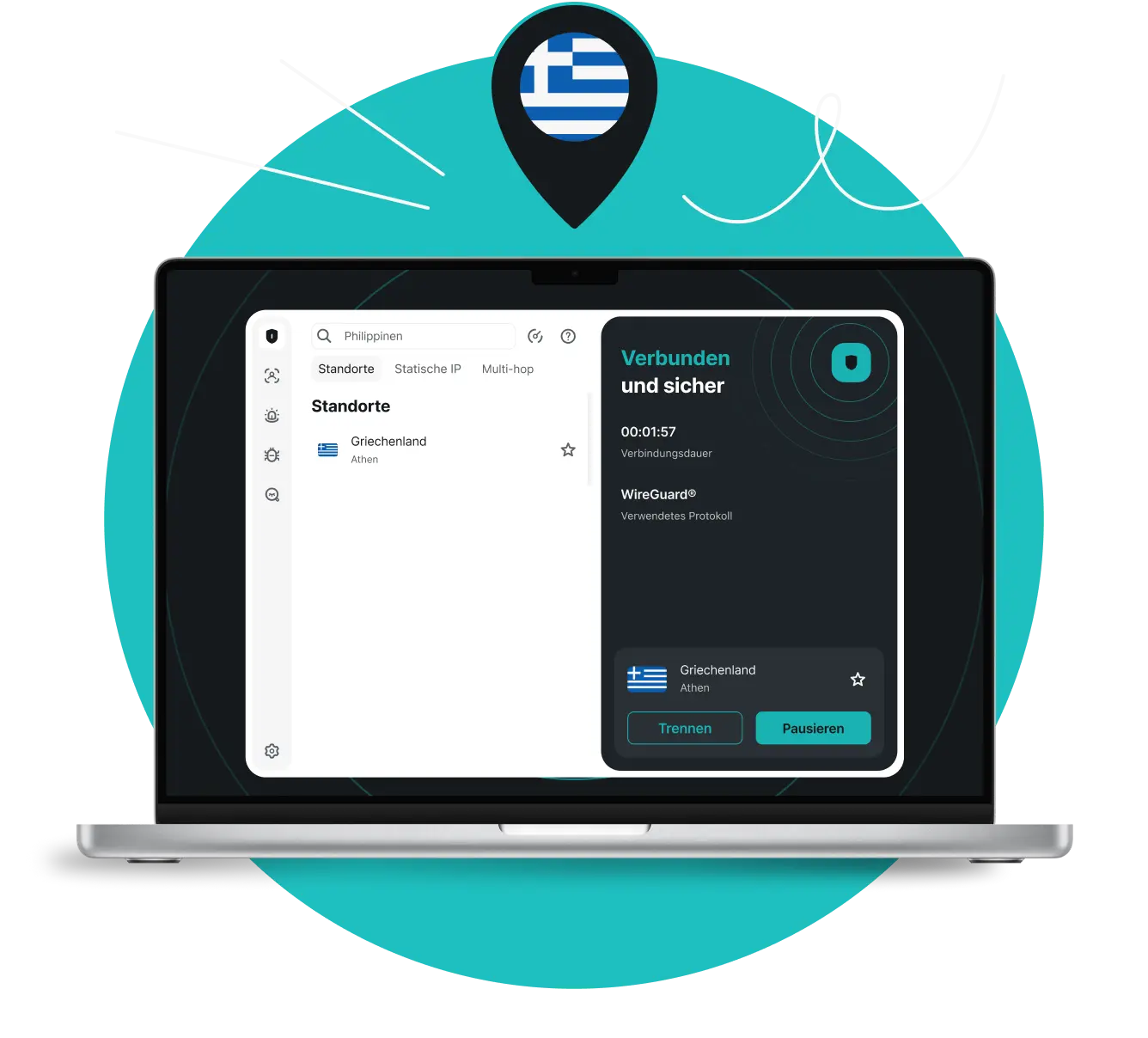 Laptop, das eine mit Griechenland verbundene VPN-App anzeigt, mit einer Standortnadel darüber
