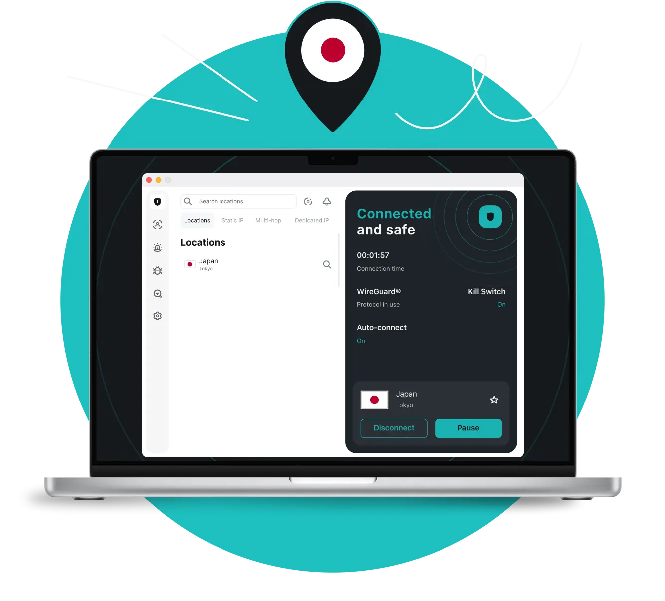 Экран ноутбука, показывающий подключение Surfshark VPN к серверу в Токио, с меткой местоположения сверху, отображающей японский флаг.