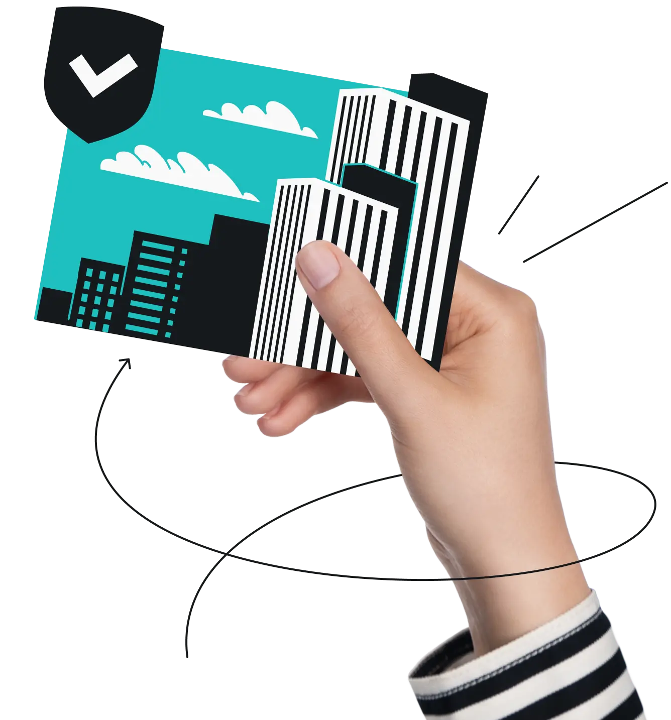 A hand holds a turquoise postcard featuring the skyline of Latham, with a checkmark badge in the corner.