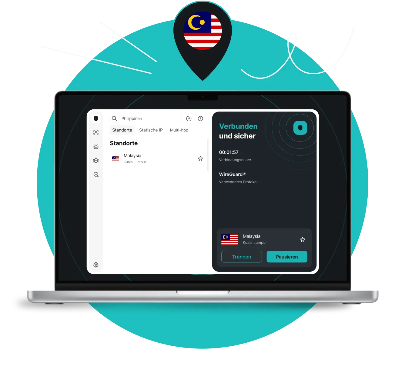 Laptop, das eine mit Malaysia verbundene VPN-App anzeigt, mit einer Standortnadel darüber