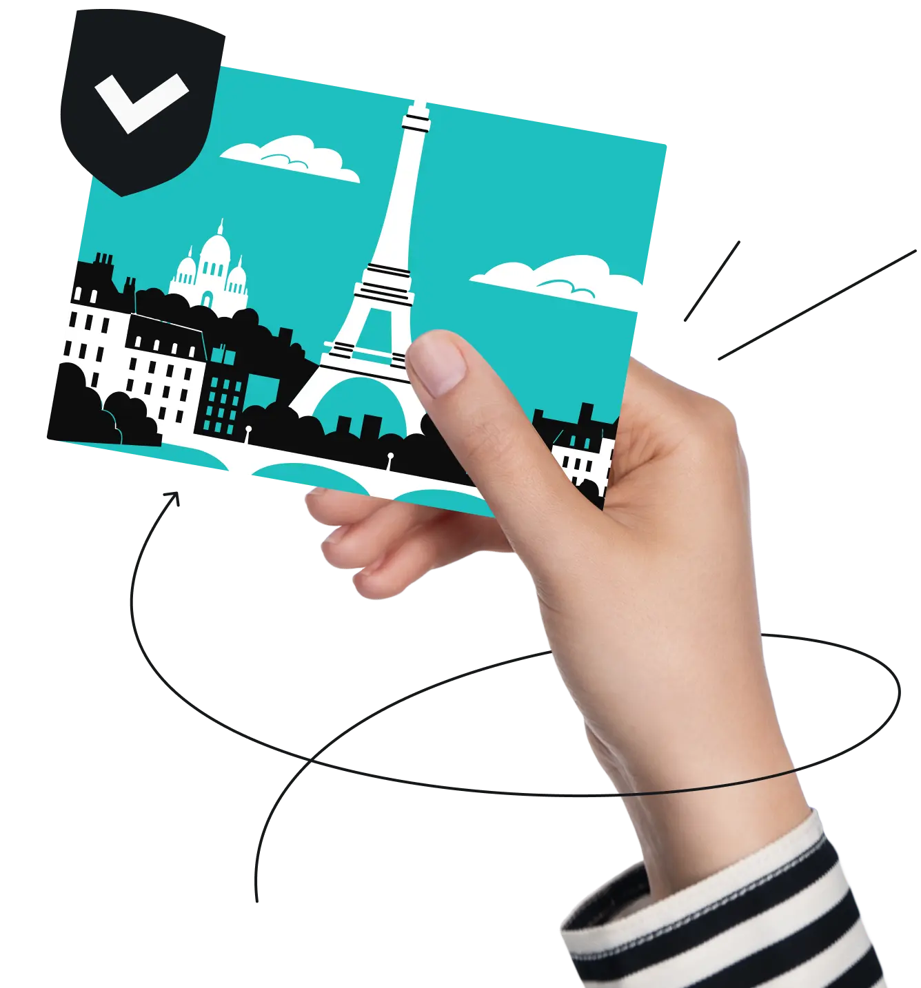 Eine Hand hält eine Postkarte mit einer stilisierten türkisfarbenen und weißen Illustration des Eiffelturms und der Pariser Skyline.