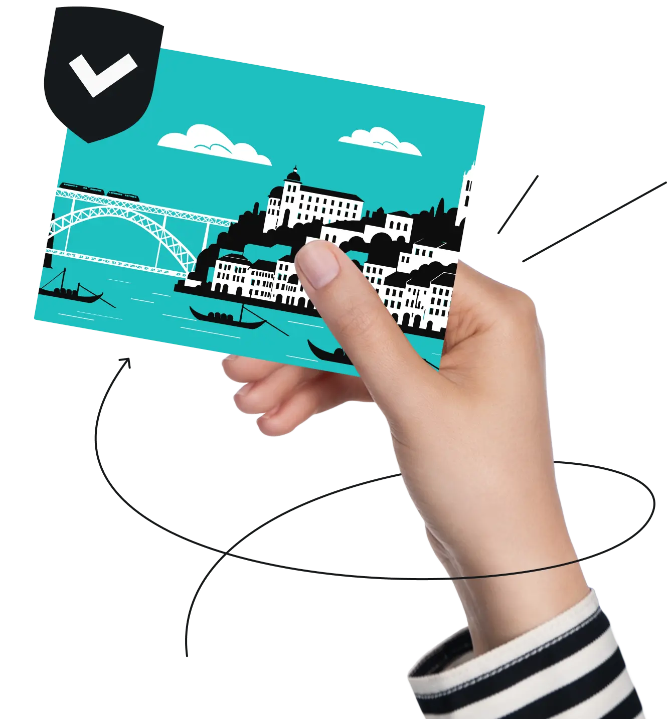Eine Hand hält eine Postkarte, die die Stadtbrücke von Porto, Flussboote und Stadtgebäude zeigt.