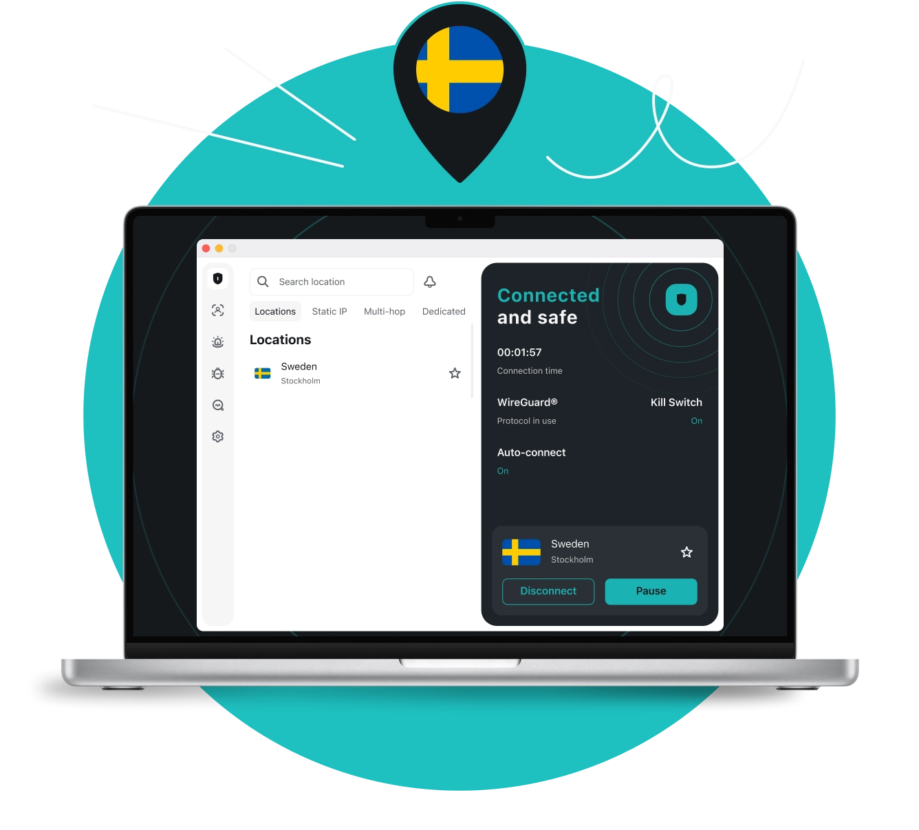 Laptop displaying a VPN app connected to Stockholm, with a location pin above