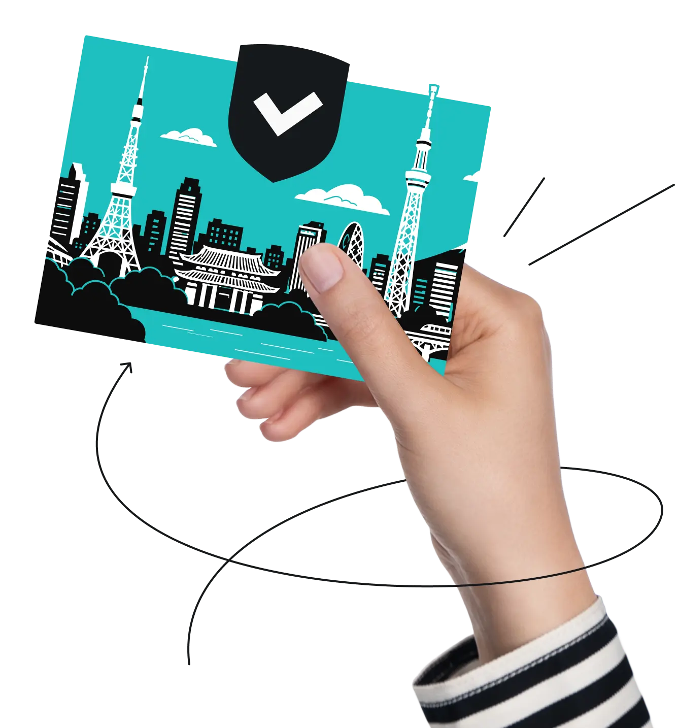 Eine Hand hält eine Postkarte, die eine türkisfarbene Skyline von Tokio mit einem schwarzen Schild und einem weißen Häkchen-Symbol zeigt.