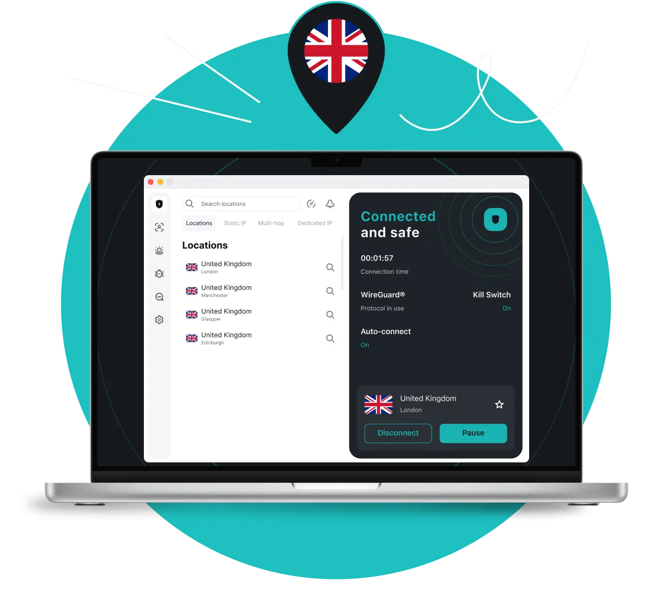 Экран ноутбука, показывающий подключение Surfshark VPN к серверу в Лондоне, с меткой местоположения сверху, отображающей флаг Великобритании.