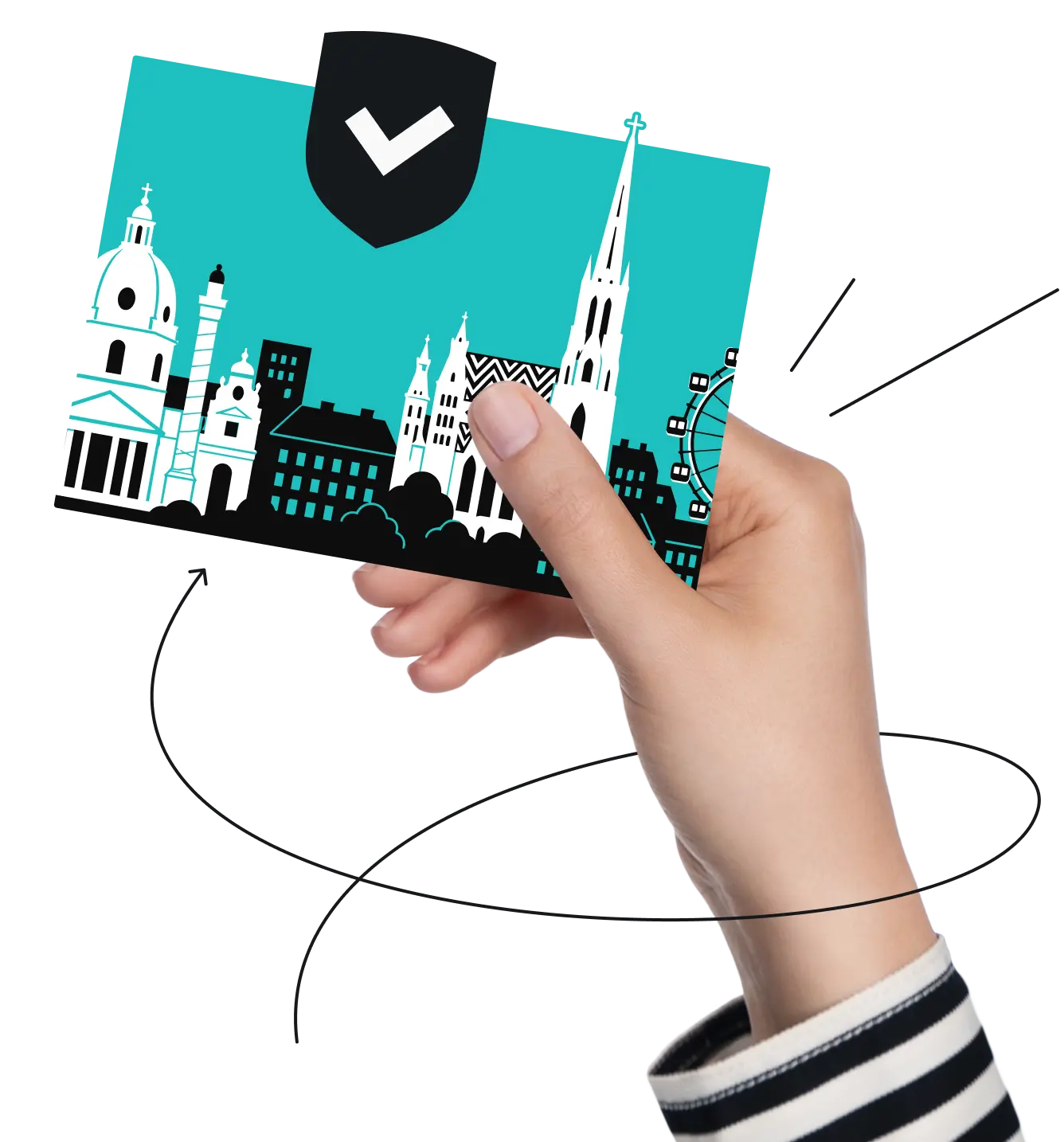 Eine Hand hält eine türkisfarbene Karte mit einer weißen Silhouette der Wiener Skyline und einem Häkchen-Schild-Symbol.