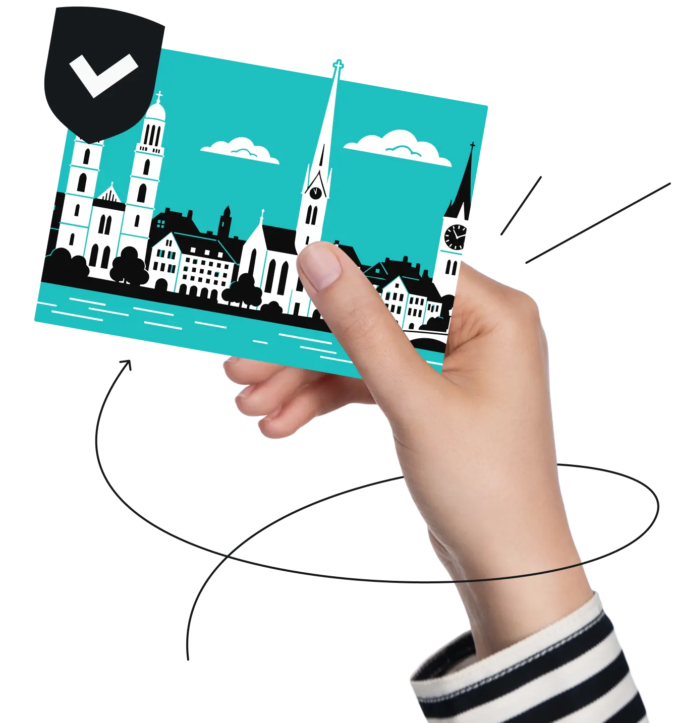Eine Hand hält eine türkisfarbene Postkarte mit der Skyline von Zürich und einem Häkchen-Abzeichen in der Ecke.