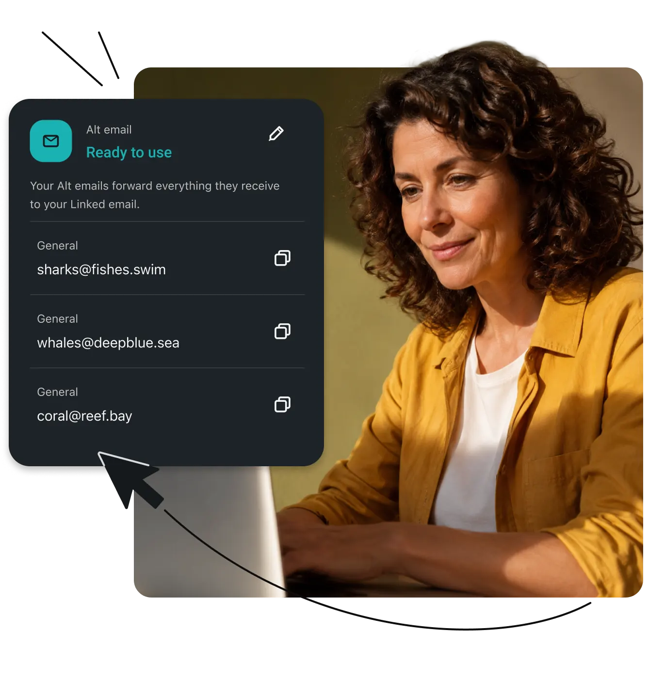 Woman at laptop beside Surfshark's alternative email interface showing ready-to-use generated email addresses