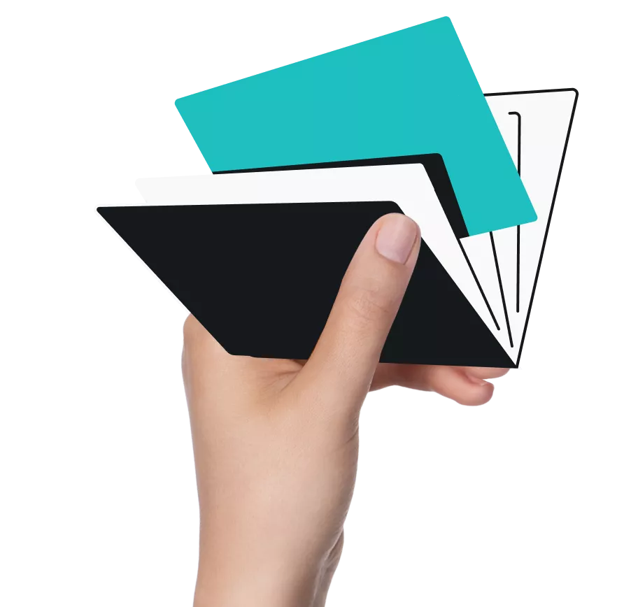 A hand holding a small fan of blank rectangular cards in black, white, and teal.