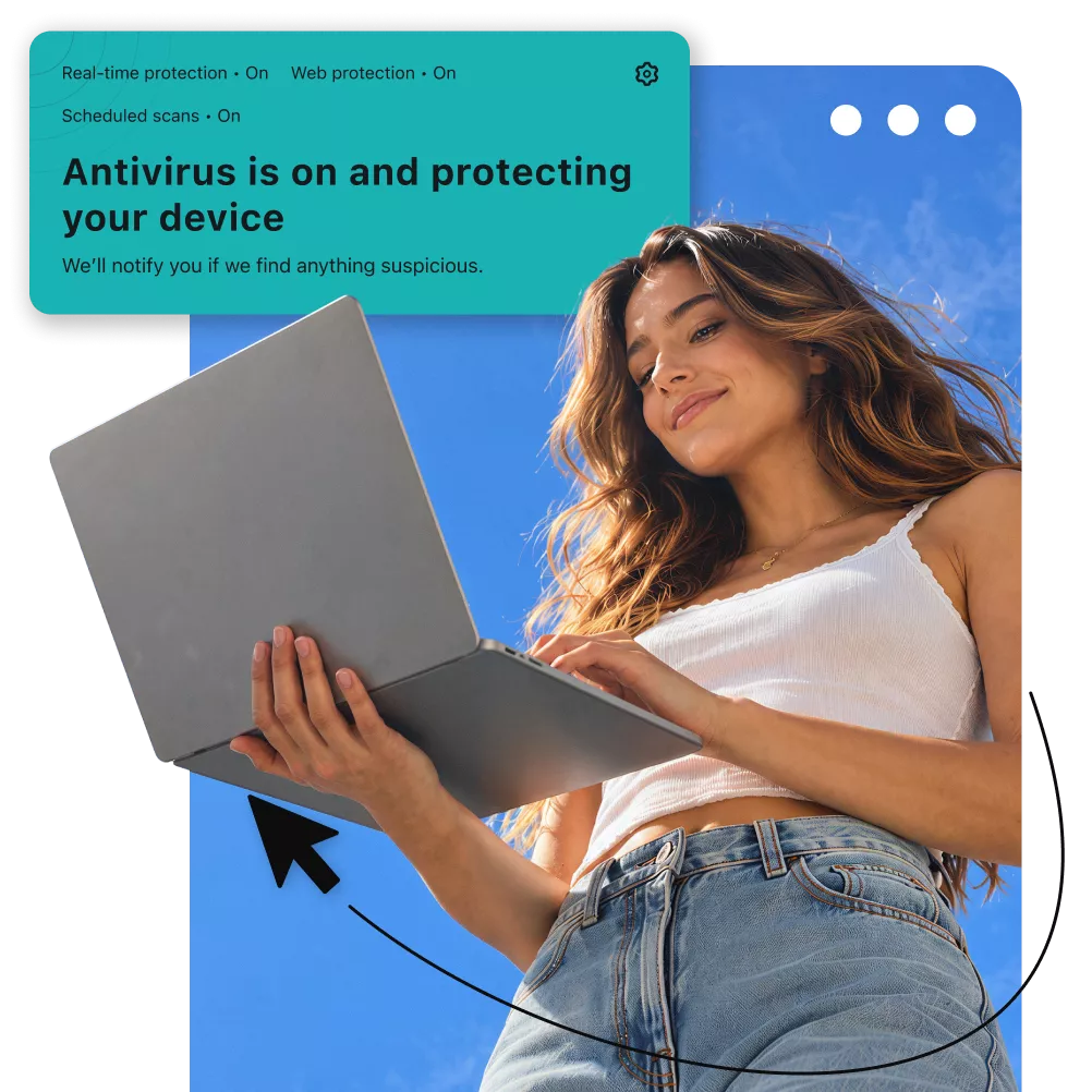 A woman using a laptop with a notification showing Antivirus is on and protecting your device.