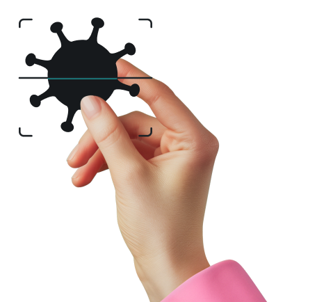 A hand holding a virus icon within a digital scanning frame.
