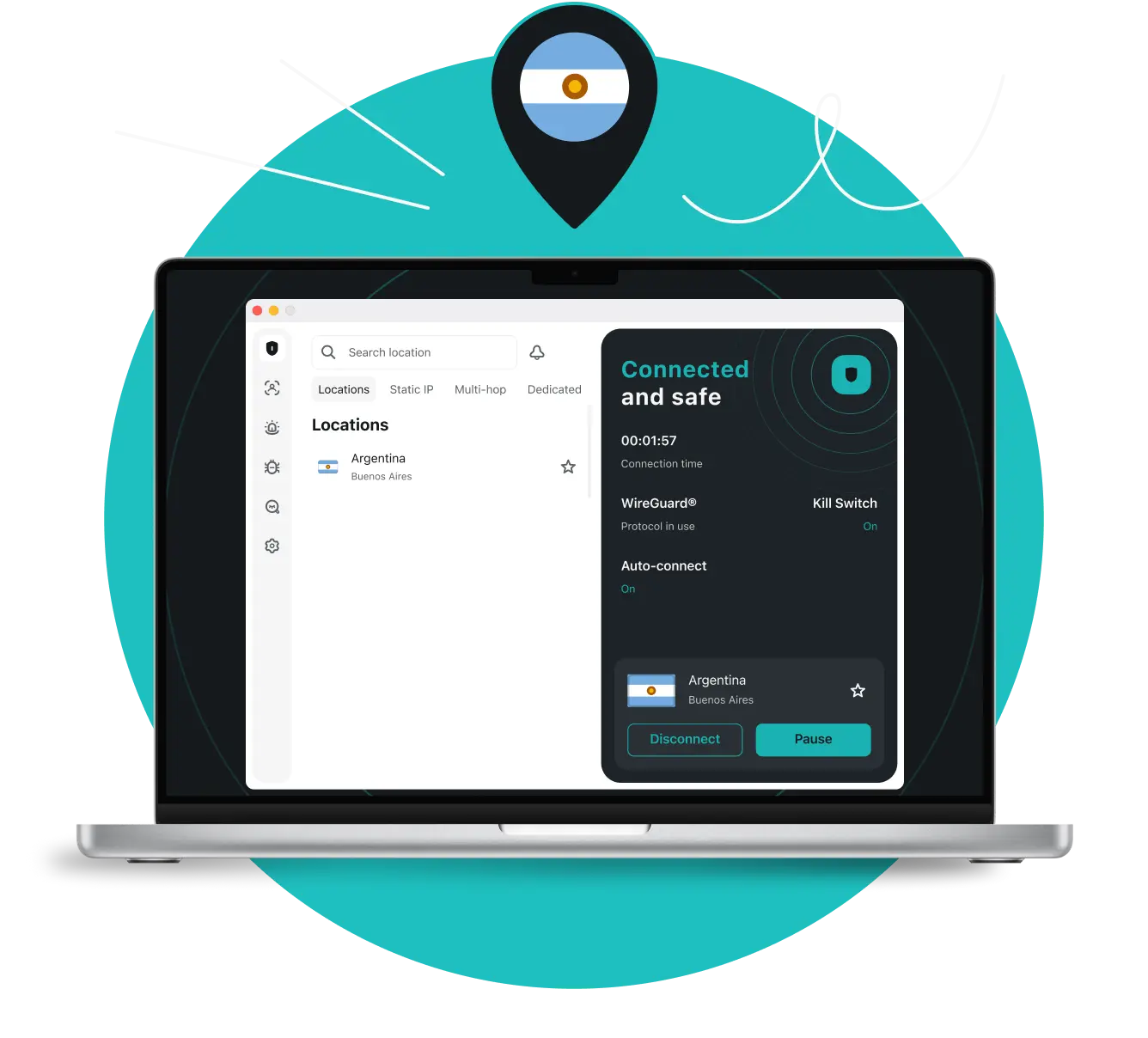 Laptopscherm met Surfshark VPN verbonden met een server in Buenos Aires, met daarboven een locatiepin met de Argentijnse vlag.
