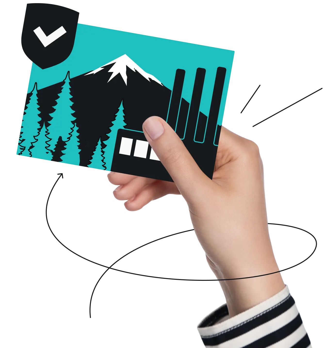 A hand holds a turquoise postcard featuring the skyline of Bend, with a checkmark badge in the corner.