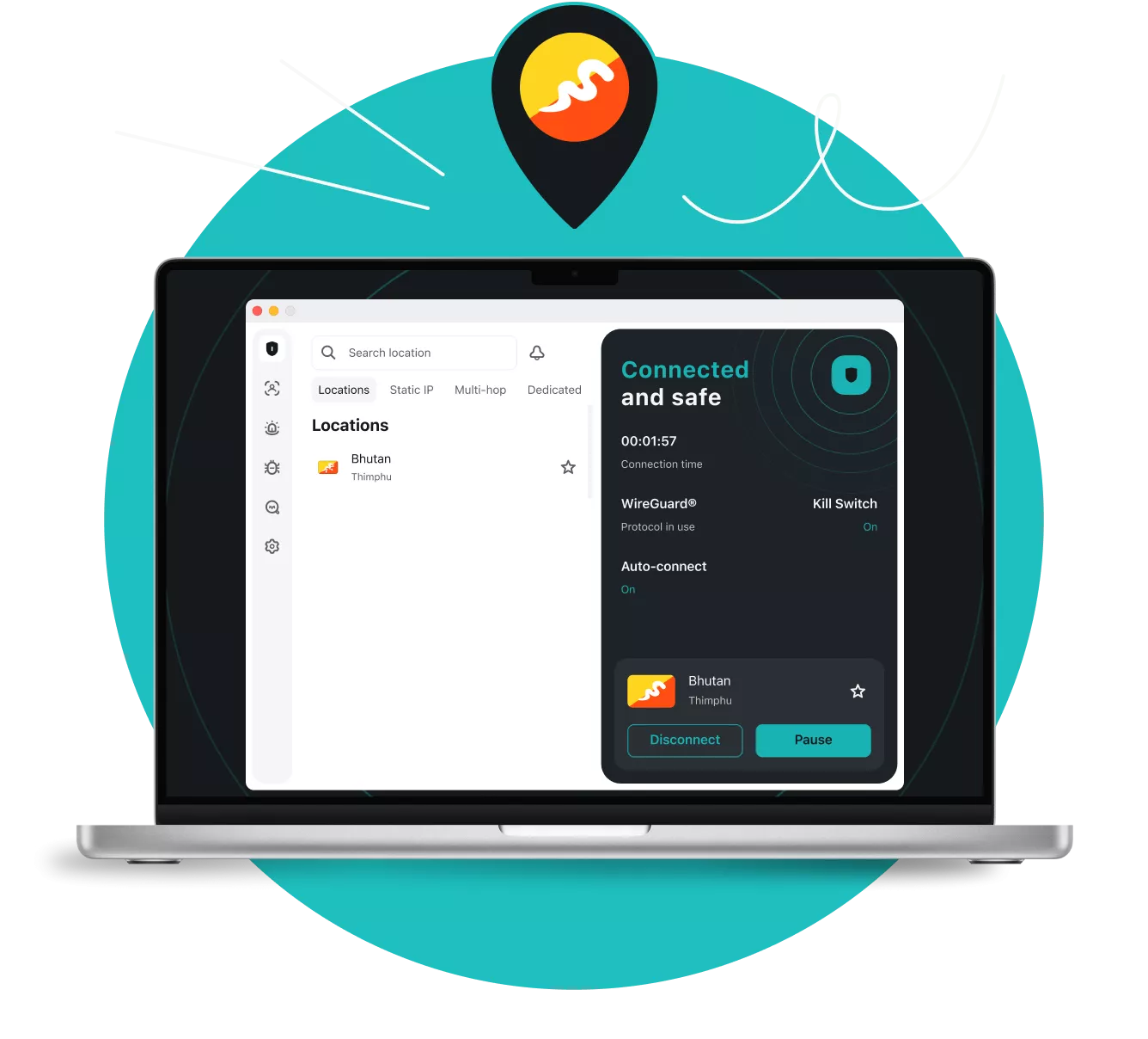 Laptop displaying a VPN app connected to Bhutan, with a location pin above