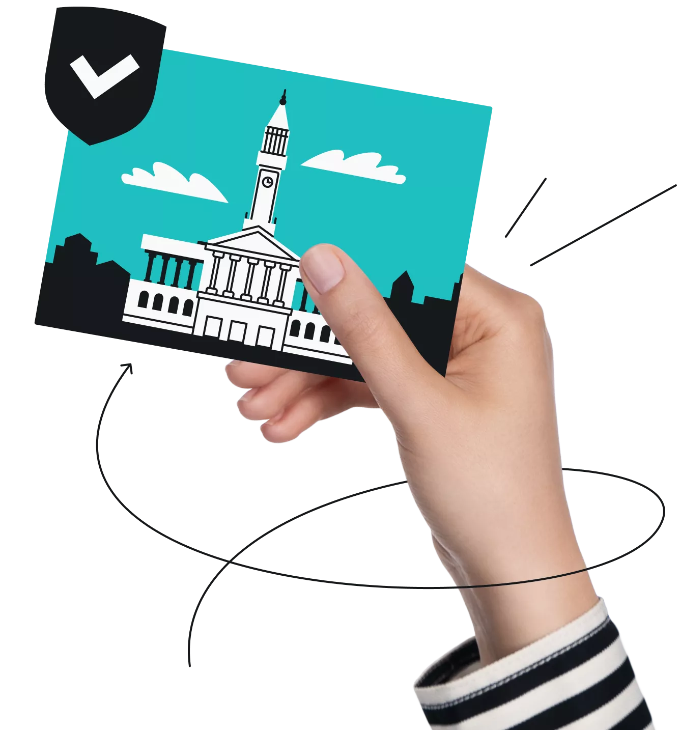 Hand holding a city postcard with a rocket and checkmark shield icon.