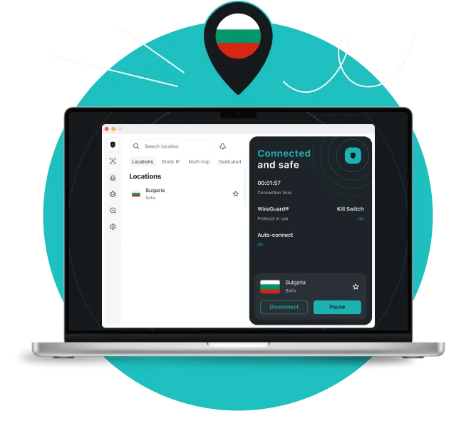 Laptop displaying a VPN app connected to Bulgaria, with a location pin above