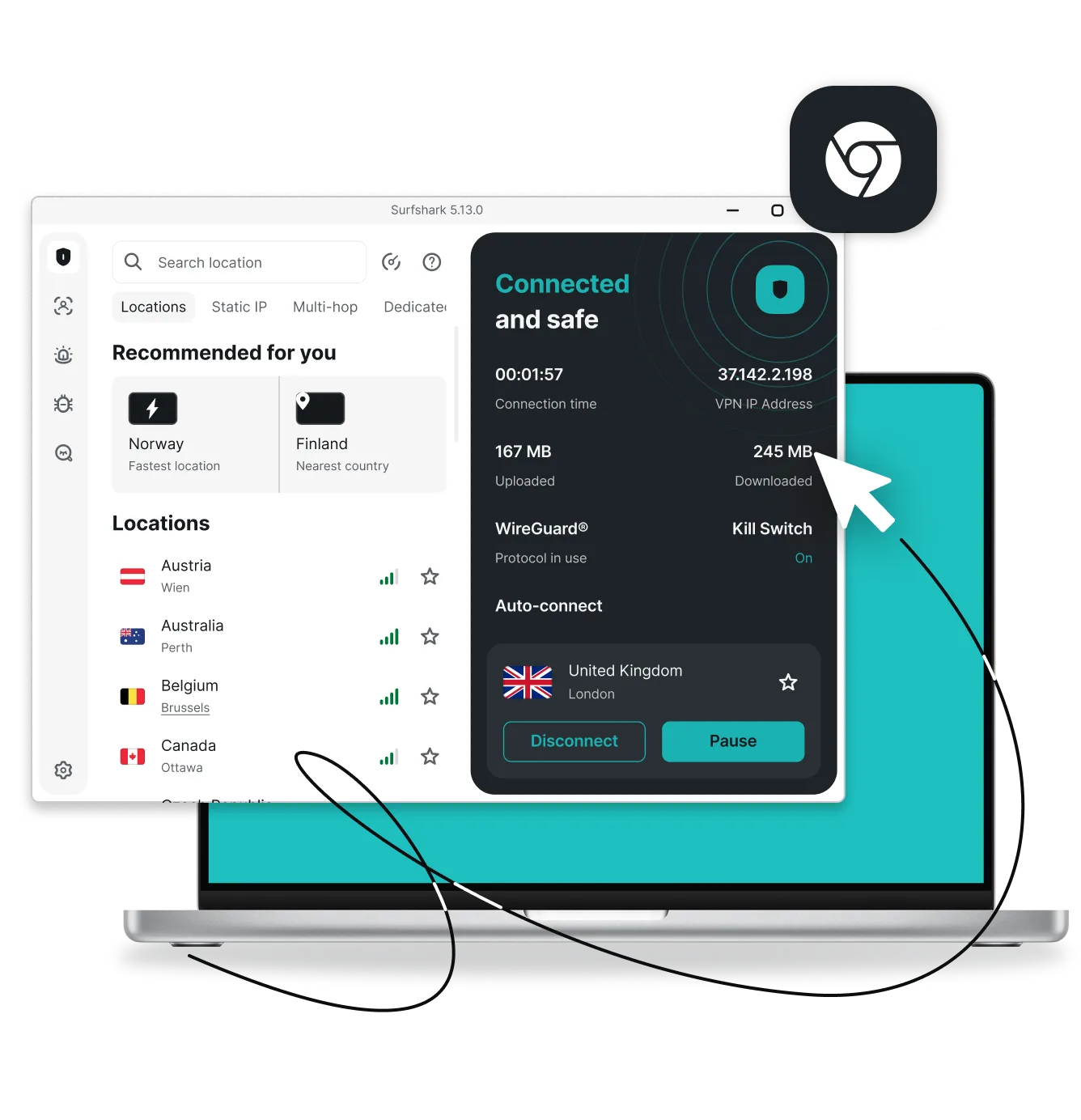 Surfshark VPN app on a laptop showing Connected and safe status, server locations, and Chrome icon