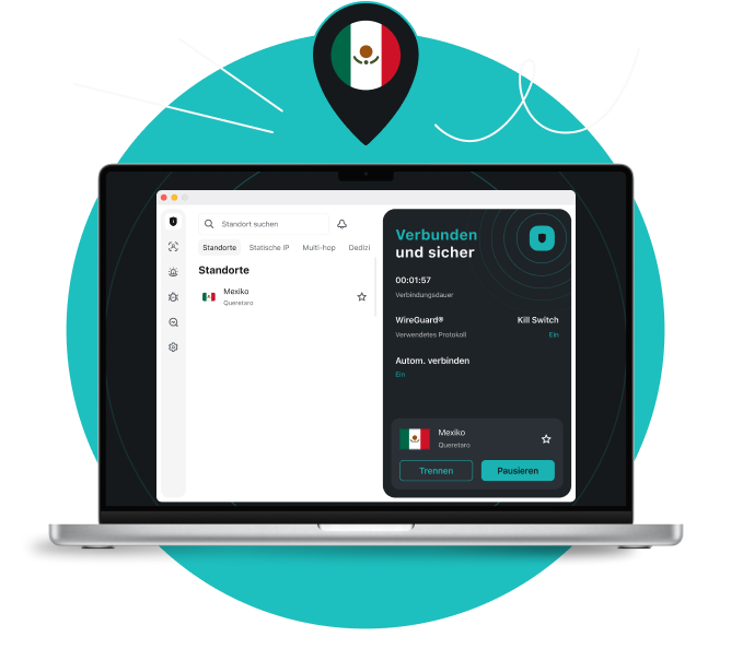 Ein Laptop-Bildschirm, der zeigt, wie Surfshark VPN mit einem Server in Queretaro verbunden ist, mit einem Standort-Pin darüber, der die mexikanische Flagge zeigt.