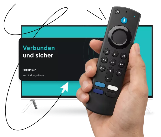 Eine Hand hält eine Streaming-Fernbedienung vor einen Fernseher, auf dem ein schwarzes Fenster mit dem Text „Verbunden und sicher“ und Bewegungslinien zu sehen ist.
