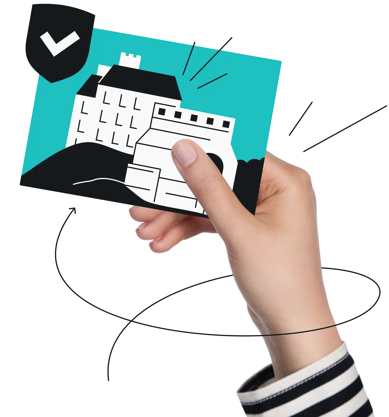 A hand holds a turquoise postcard featuring the Edinburgh castle, with a checkmark badge in the corner.