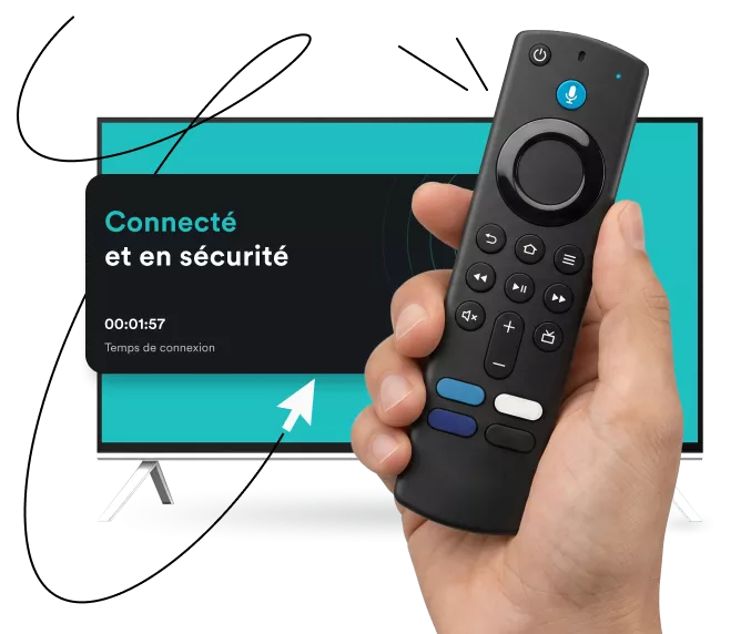 Main tenant une télécommande de streaming devant un téléviseur affichant une fenêtre noire avec le texte connecté et sécurisé illustré par des lignes de mouvement.