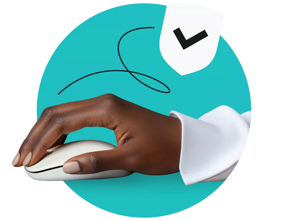 Hand on a computer mouse and a shield with a check mark above.